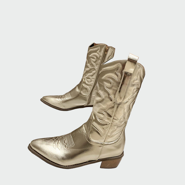 Estrella | Botines De Cowboy Metálicos En Rosa Con Bordado