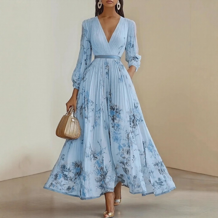 Rosella | Vestido Largo Plisado Floral con Escote en V