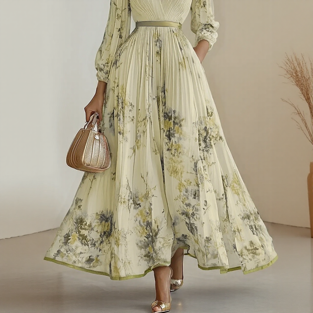 Rosella | Vestido Largo Plisado Floral con Escote en V