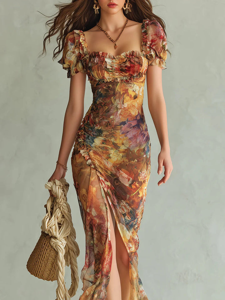 Viola | Vestido largo de chiffon naranja con estampado de pintura al óleo de estilo bohemio