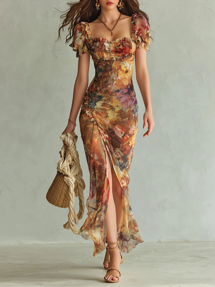 Viola | Vestido largo de chiffon naranja con estampado de pintura al óleo de estilo bohemio