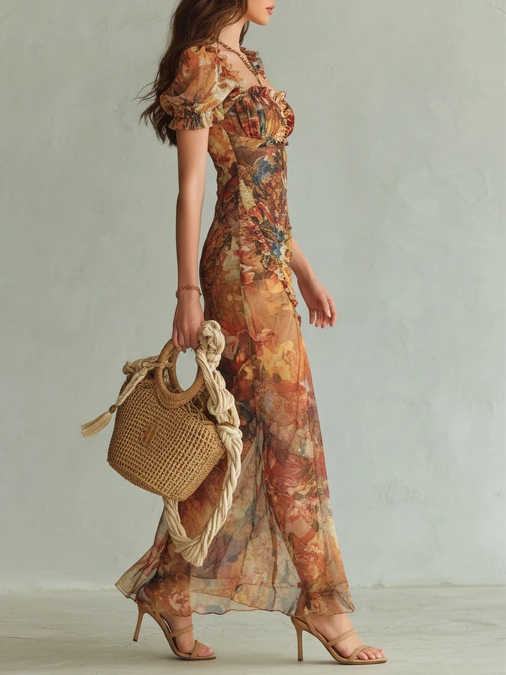 Viola | Vestido largo de chiffon naranja con estampado de pintura al óleo de estilo bohemio