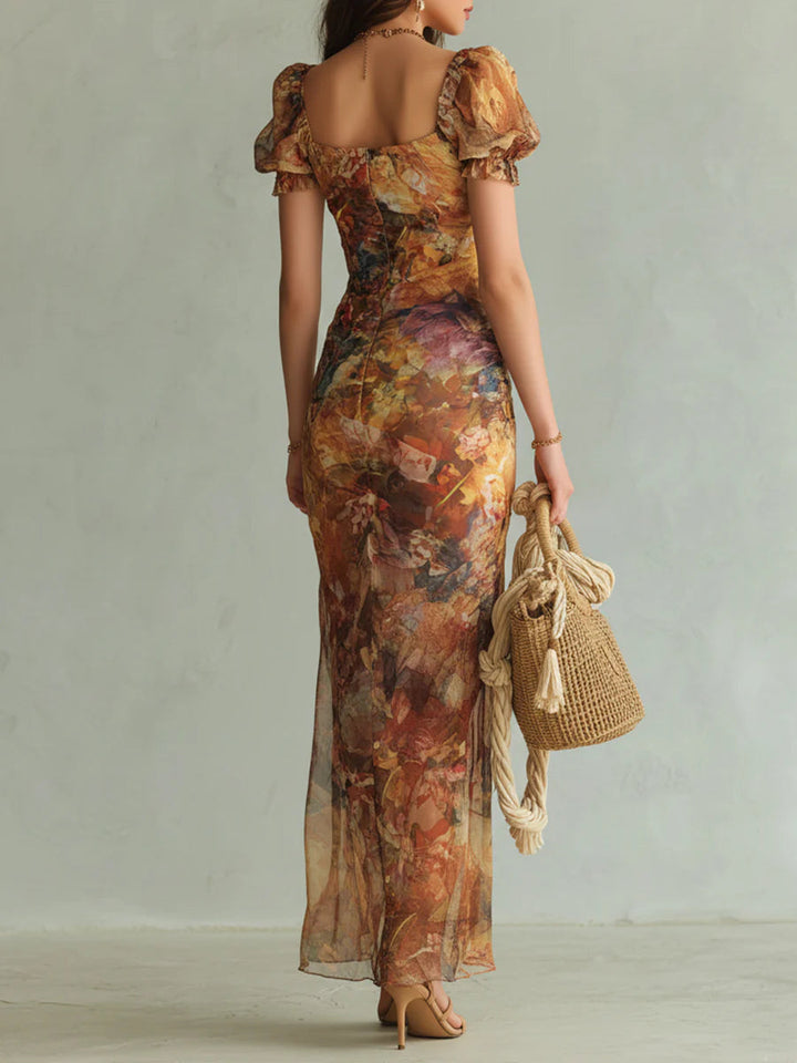 Viola | Vestido largo de chiffon naranja con estampado de pintura al óleo de estilo bohemio