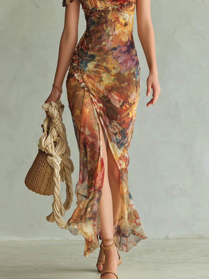 Viola | Vestido largo de chiffon naranja con estampado de pintura al óleo de estilo bohemio