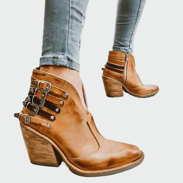 Julia| Botines de Cuero Retro para Mujer en Negro