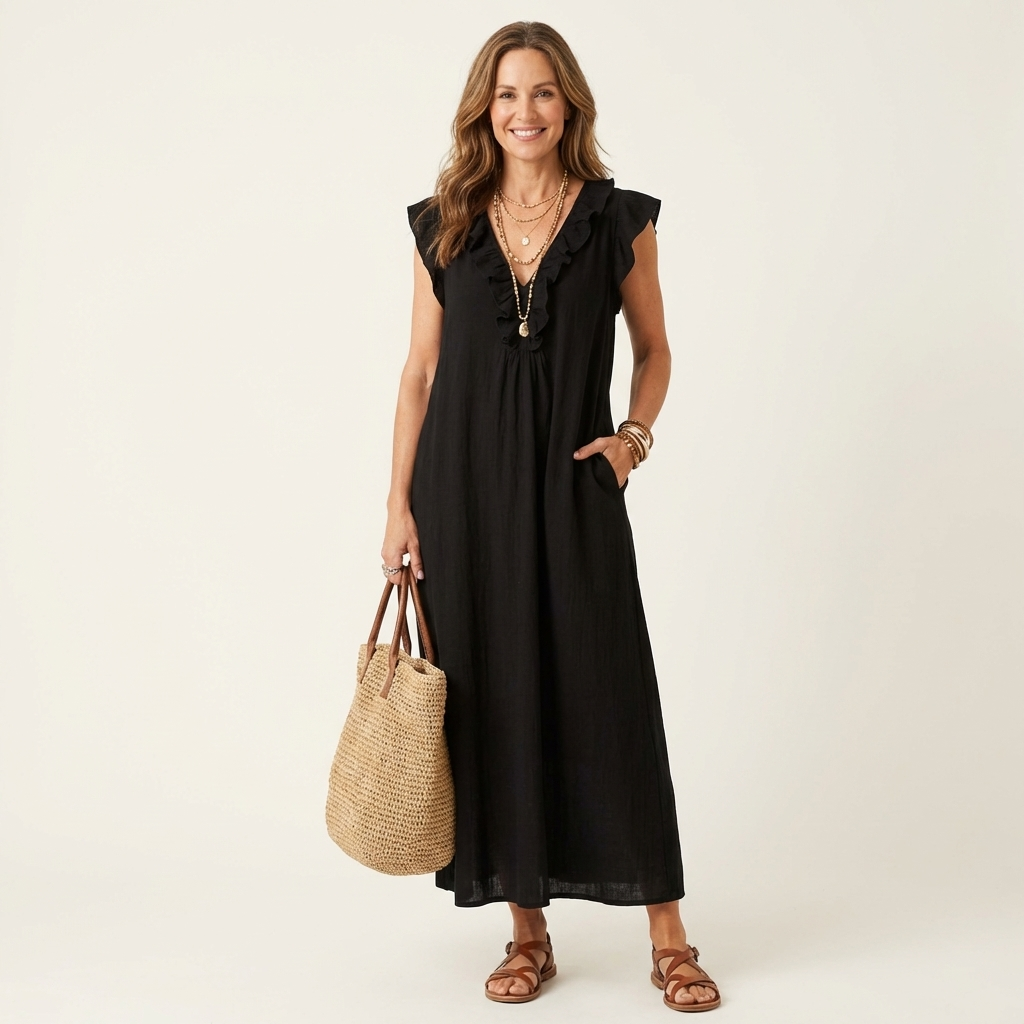 Josette | Vestido Maxi de Lino con Volantes y Escote en V