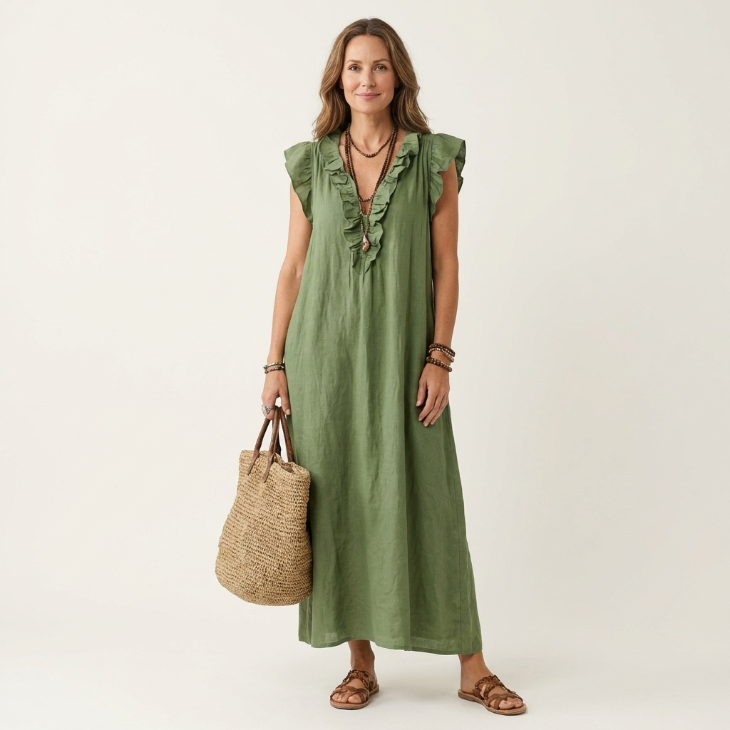 Josette | Vestido Maxi de Lino con Volantes y Escote en V
