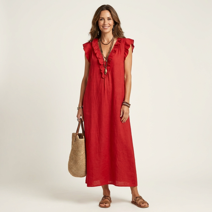 Josette | Vestido Maxi de Lino con Volantes y Escote en V