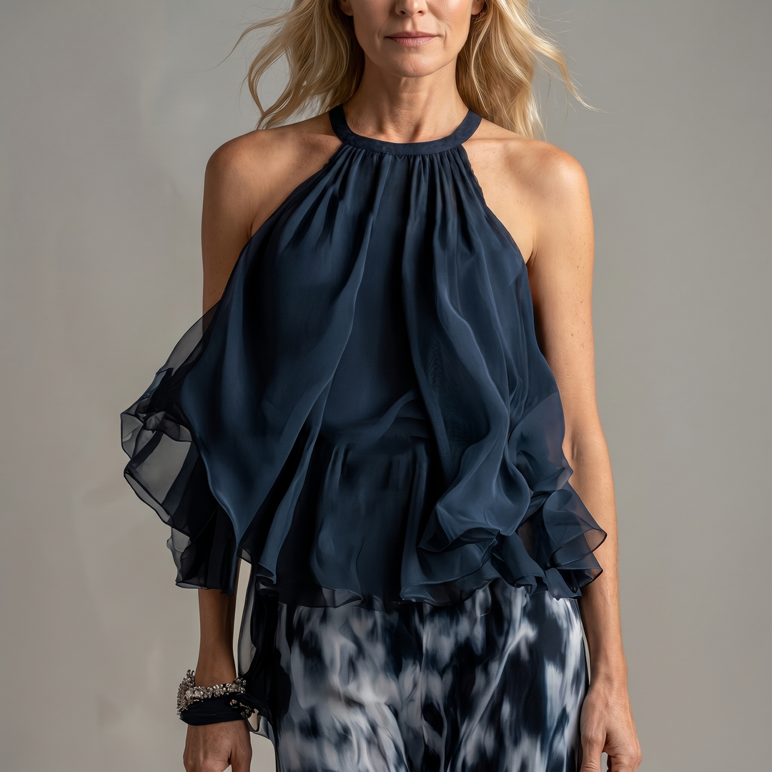 Ludovica - un elegante conjunto de chiffon que presenta una blusa de cuello alto y pantalones anchos estampados