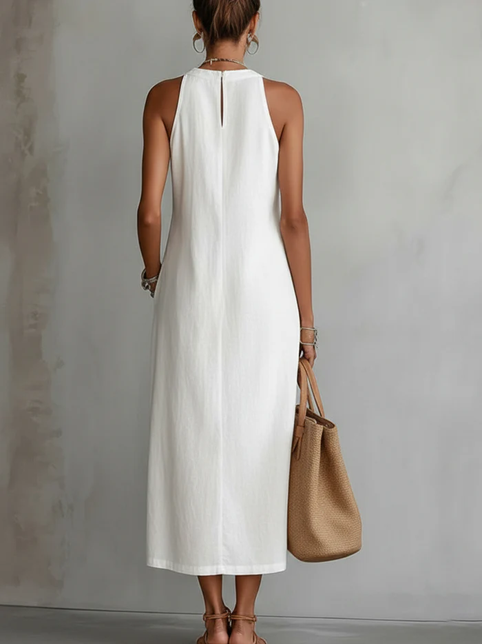 Jimena - Vestido midi de lino con cuello mao